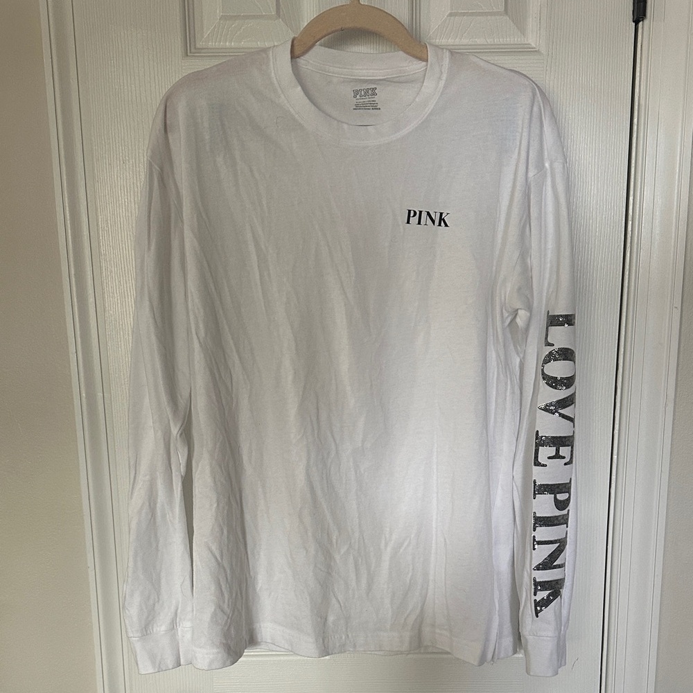 PINK Victoria's Secret White Long Sleeve Tee with Black Lettering